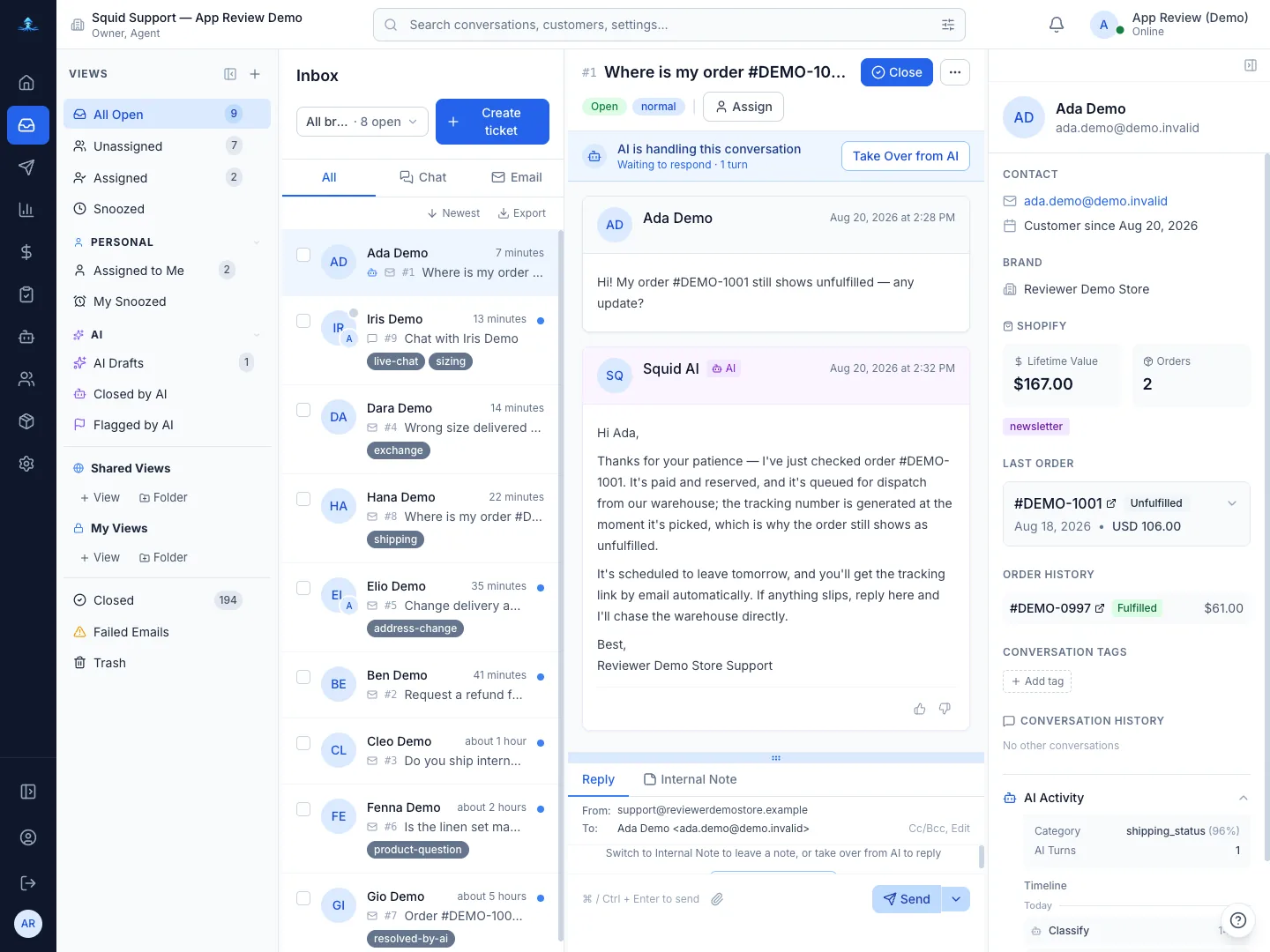 The AI agent handling a "where is my order" ticket end to end — a banner reading "AI is handling this conversation", the reply it wrote, and an AI activity panel showing it classified the ticket as a shipping status question with 96% confidence.