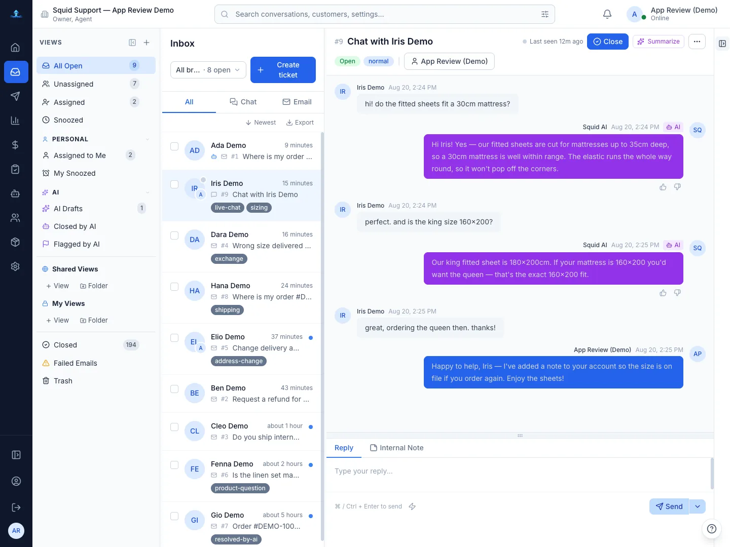The shared inbox with nine open conversations from email and live chat in one list, tagged and prioritised, next to an open live-chat thread answered by the AI agent and a teammate.