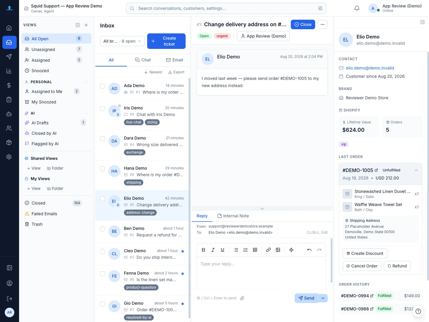 A delivery-address change request with the customer's Shopify order open in the conversation sidebar — lifetime value, order line items, shipping address, and buttons to create a discount, cancel the order, or refund it without leaving the ticket.